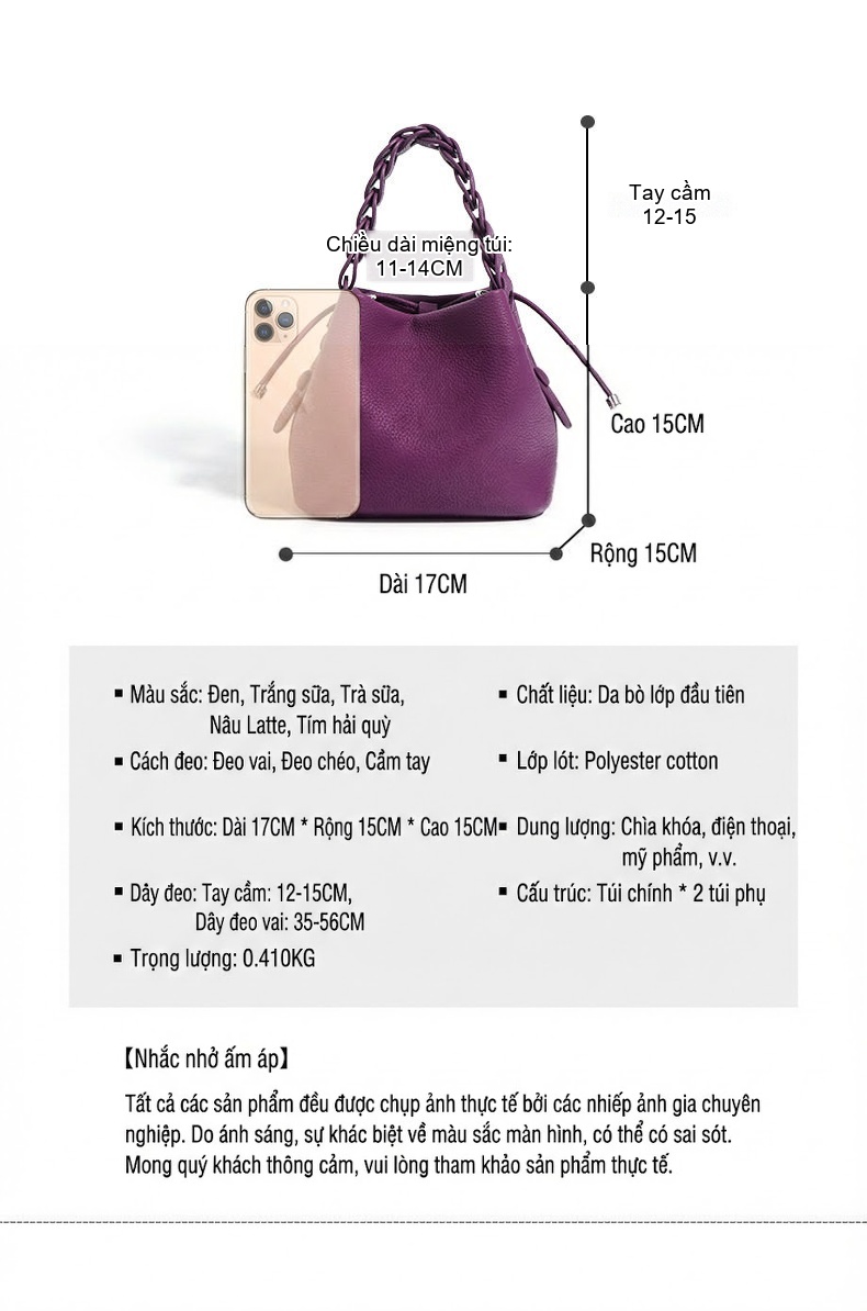 Túi Xách Tay/Đeo Vai Nữ Da Bò Dáng Bucket Màu Tím, Nâu, Trắng, Hồng chi tiết 8