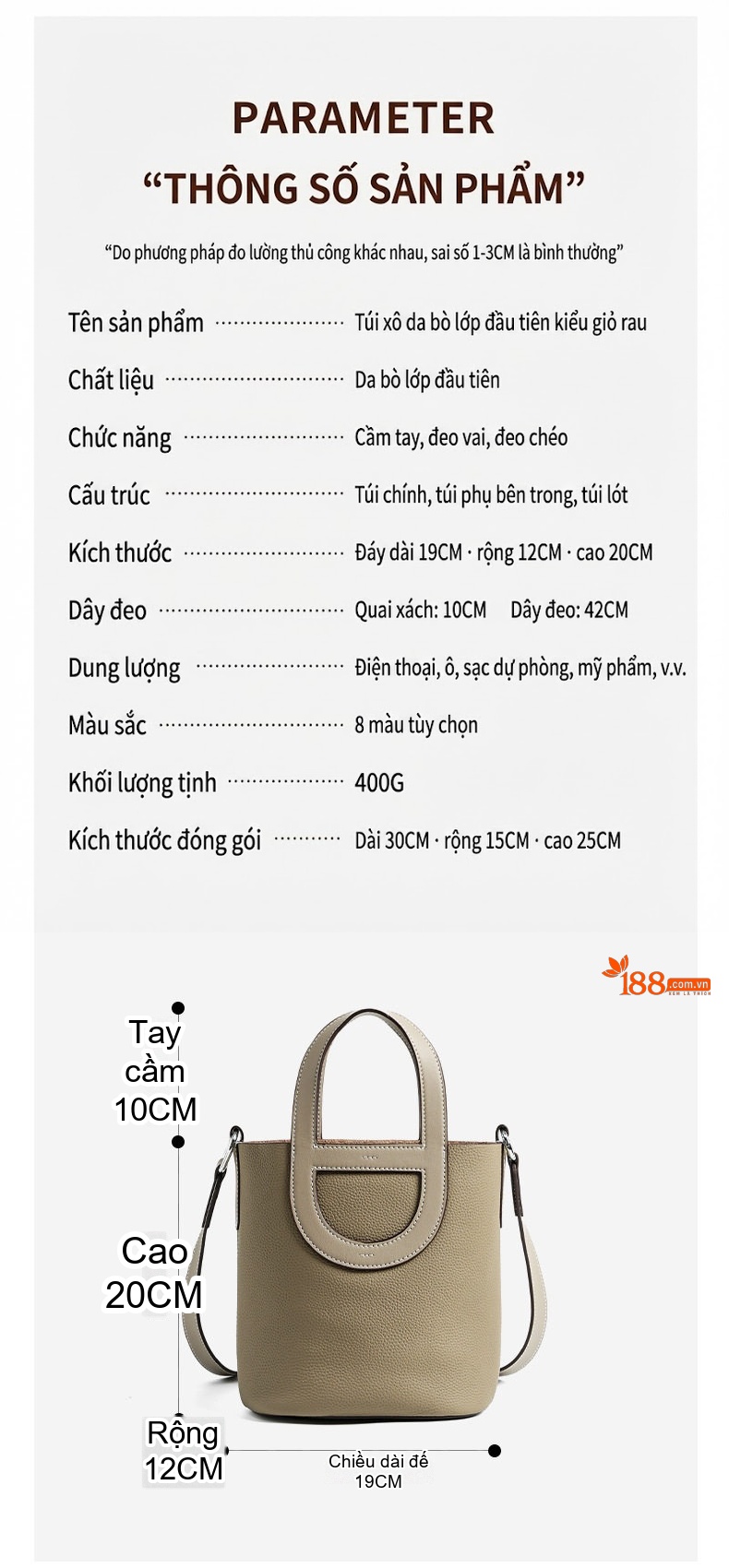 Túi Xách Tay/Đeo Vai Nữ Da Bò Dáng Bucket Phom Đứng Màu Xám chi tiết 5