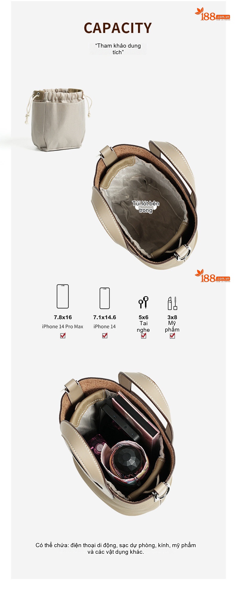 Túi Xách Tay/Đeo Vai Nữ Da Bò Dáng Bucket Phom Đứng Màu Xám chi tiết 6