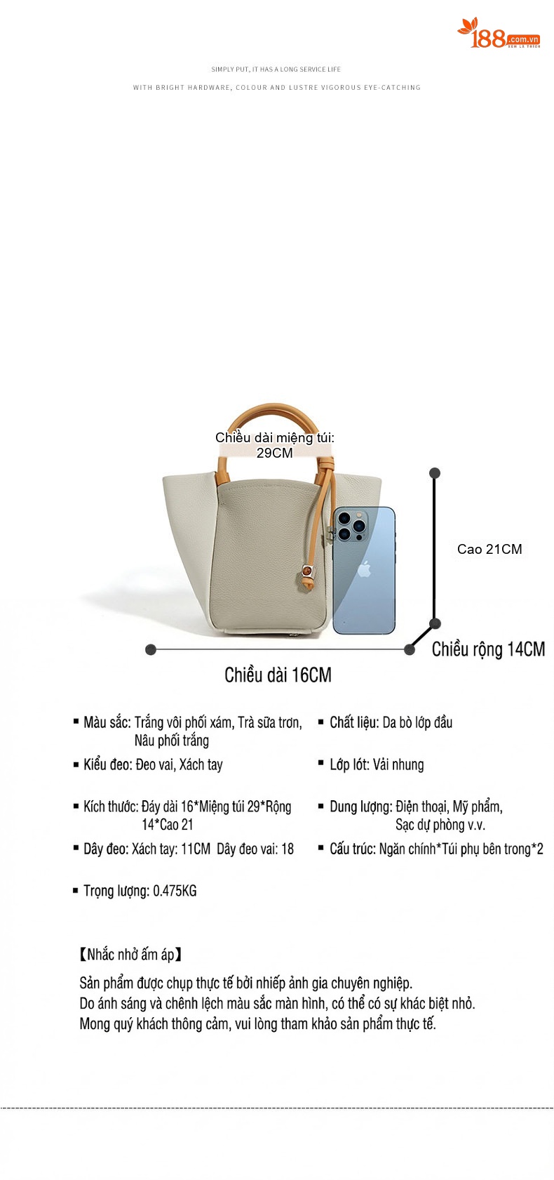 Túi Xách Tay/Đeo Vai Nữ Da Bò Kiểu Dáng Giỏ Xách Tối Giản Màu Xám, Nâu chi tiết 7