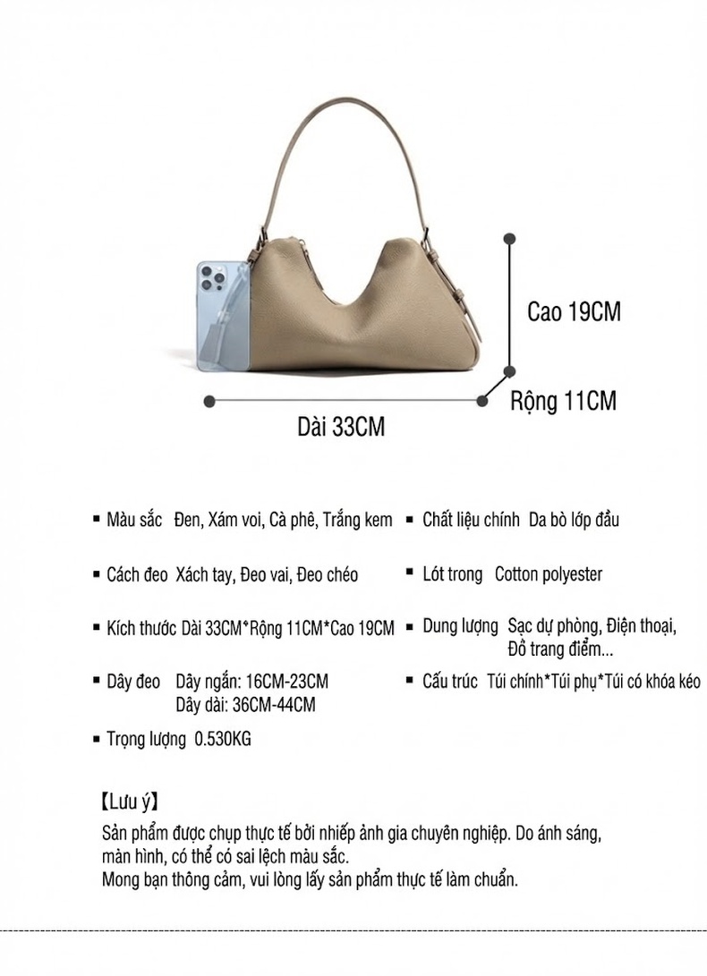 Túi Xách Tay/Đeo Vai Nữ Da Bò Kiểu Dáng Tối Giản Màu Nâu, Kem, Trắng, Đen chi tiết 7