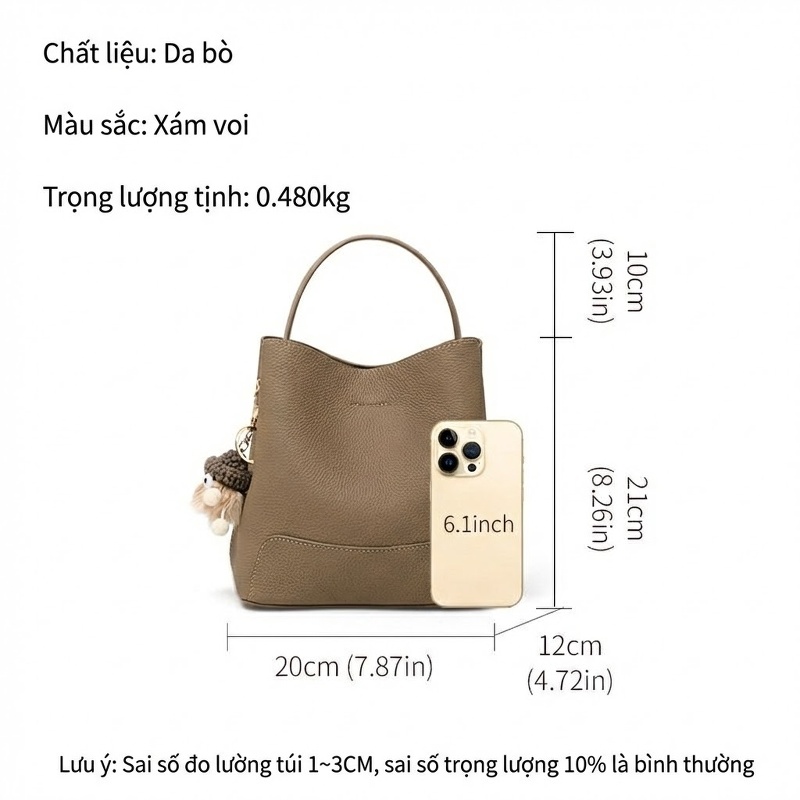 Túi Xách Tay/Đeo Vai Nữ Da Bò Sức Chứa Lớn Màu Xám Voi