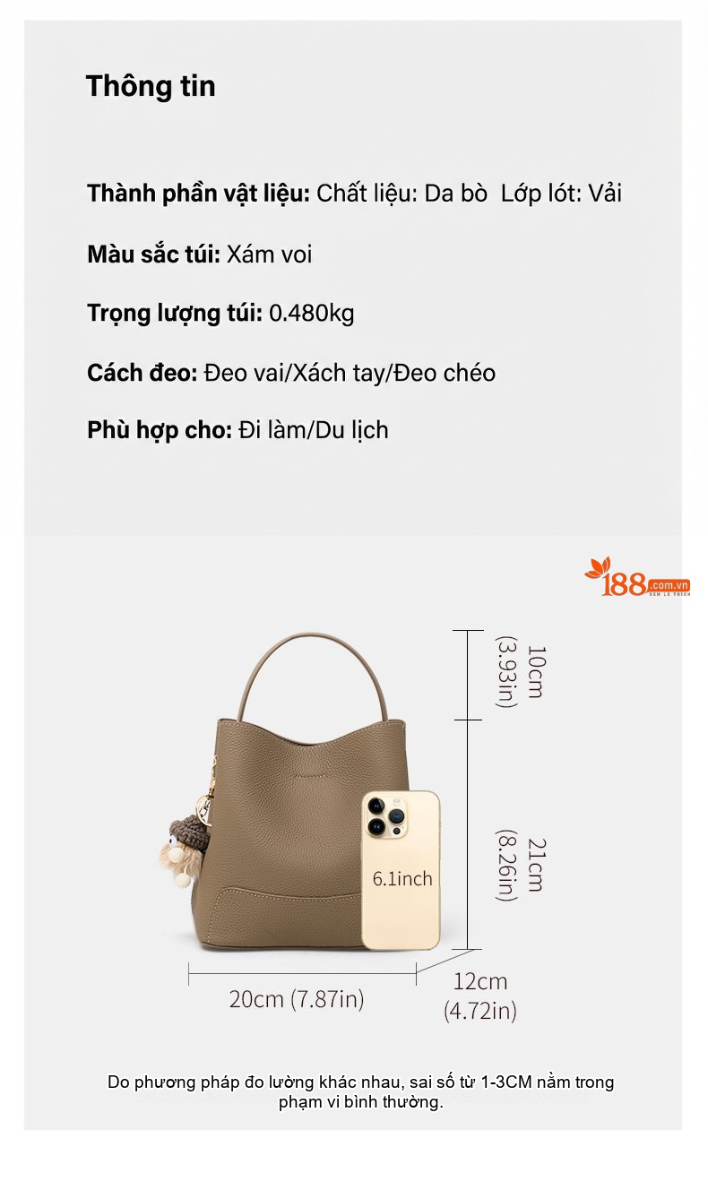 Túi Xách Tay/Đeo Vai Nữ Da Bò Sức Chứa Lớn Màu Xám Voi chi tiết 3