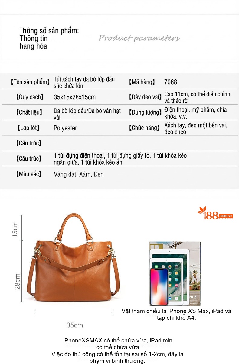 Túi Xách Tay/Đeo Vai Nữ Da Bò Sức Chứa Lớn Phong Cách Châu Âu Màu Nâu Vàng, Xám chi tiết 25