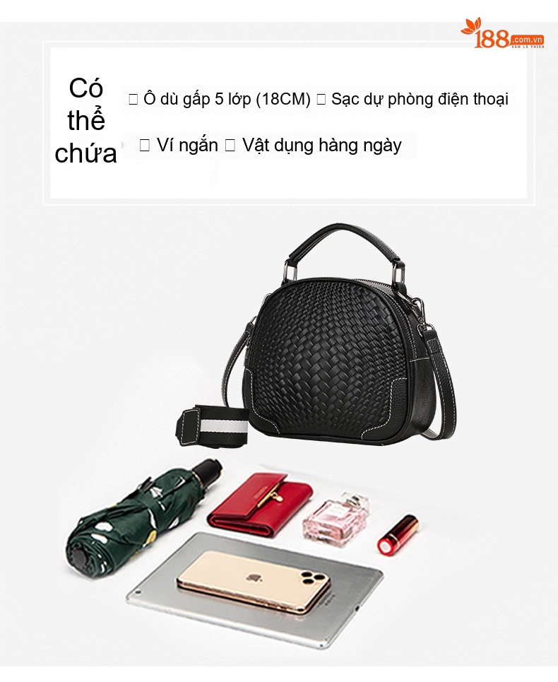 Túi Xách Tay/Đeo Vai Nữ Da Bò Vân Đan Chéo Nhỏ Gọn Màu Đen, Tím chi tiết 8