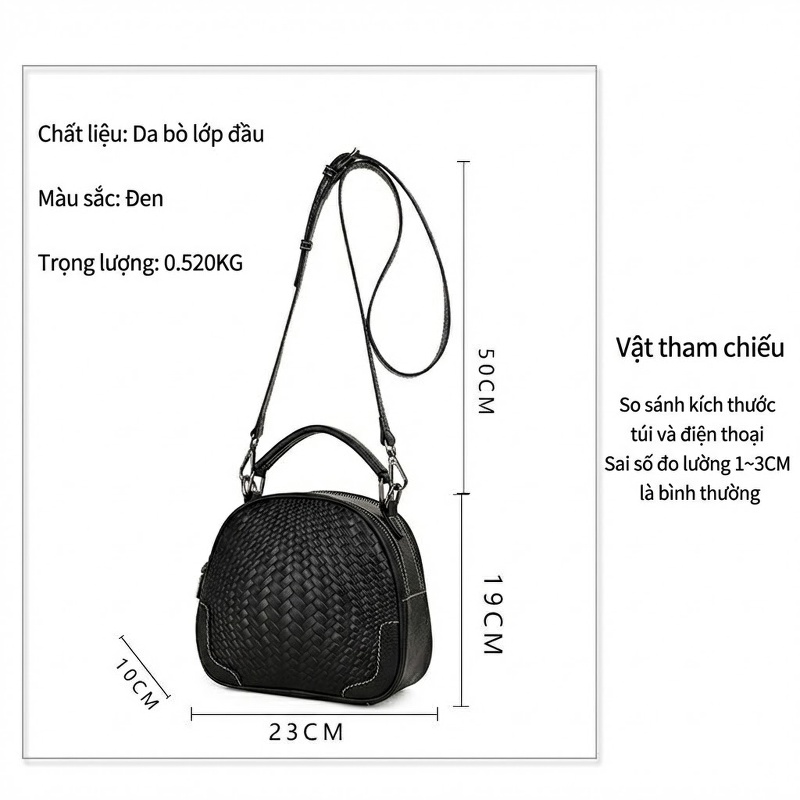 Túi Xách Tay/Đeo Vai Nữ Da Bò Vân Đan Chéo Nhỏ Gọn Màu Đen, Tím