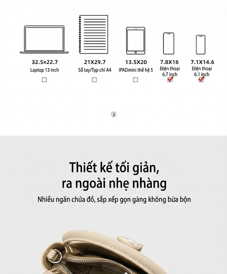 Túi Xách Tay/Đeo Vai Nữ Da Mờ Thiết Kế Bucket Đựng Vừa A4 Màu Kem chi tiết 8
