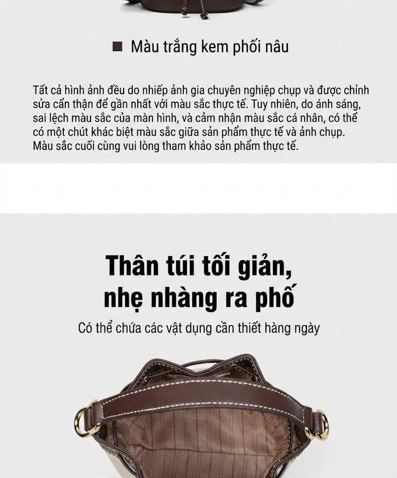 Túi Xách Tay/Đeo Vai Nữ Da Thật Dáng Bucket Màu Kem, Nâu chi tiết 8