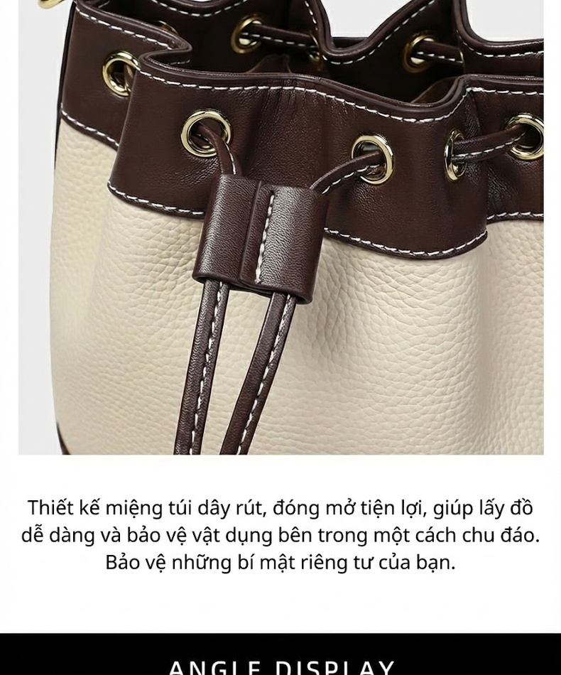 Túi Xách Tay/Đeo Vai Nữ Da Thật Dáng Bucket Màu Kem, Nâu chi tiết 14
