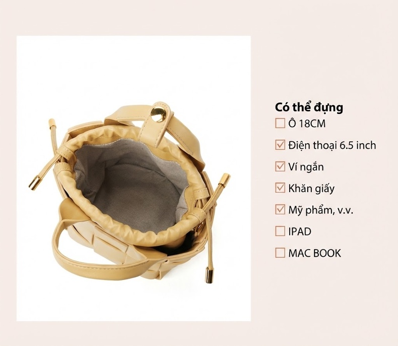 Túi Xách Tay/Đeo Vai Nữ Da Thật Dáng Túi Bucket Đan Mắt Cáo Màu Vàng Be, Tím Lavender, Nâu chi tiết 7