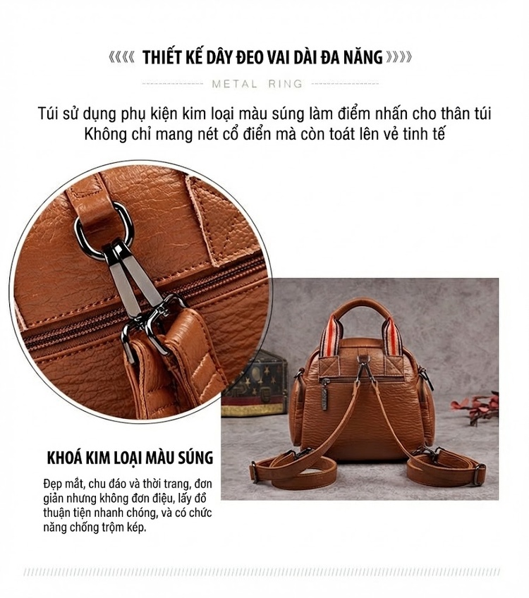 Túi Xách Tay/Đeo Vai Nữ Nhiều Ngăn Phong Cách Retro, Da Mờ Màu Nâu chi tiết 5