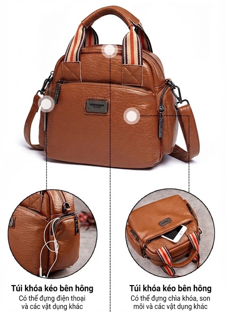 Túi Xách Tay/Đeo Vai Nữ Nhiều Ngăn Phong Cách Retro, Da Mờ Màu Nâu chi tiết 8