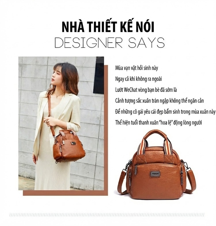 Túi Xách Tay/Đeo Vai Nữ Nhiều Ngăn Phong Cách Retro, Da Mờ Màu Nâu chi tiết 2