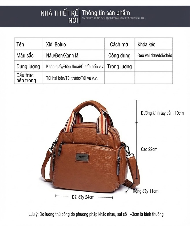Túi Xách Tay/Đeo Vai Nữ Nhiều Ngăn Phong Cách Retro, Da Mờ Màu Nâu chi tiết 21