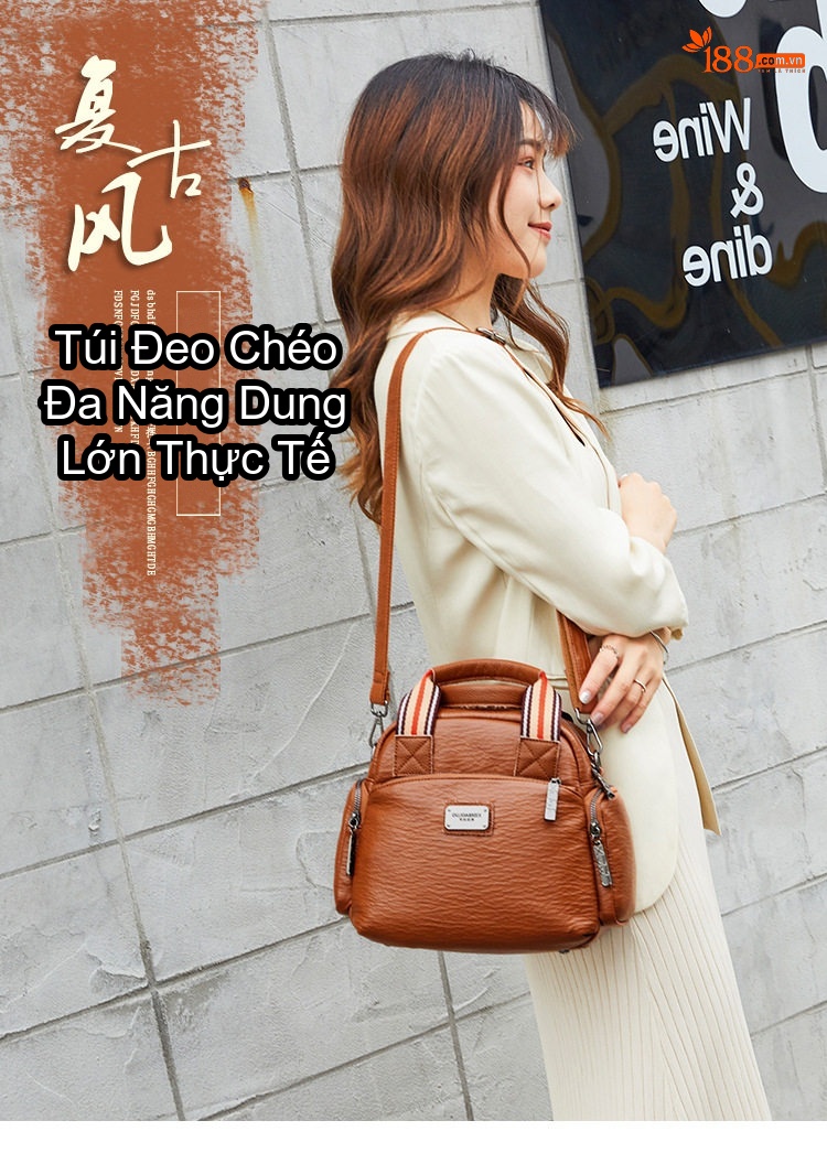 Túi Xách Tay/Đeo Vai Nữ Nhiều Ngăn Phong Cách Retro, Da Mờ Màu Nâu chi tiết 1