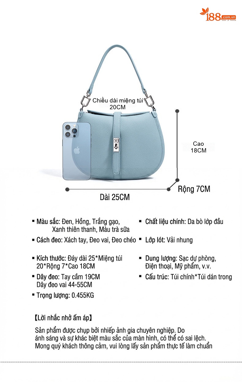 Túi Xách Tay/Đeo Vai Nữ Thiết Kế Lưỡi Liềm Da Bóng Thời Trang Công Sở Màu Hồng, Xanh Dương, Trắng, Đen... chi tiết 8