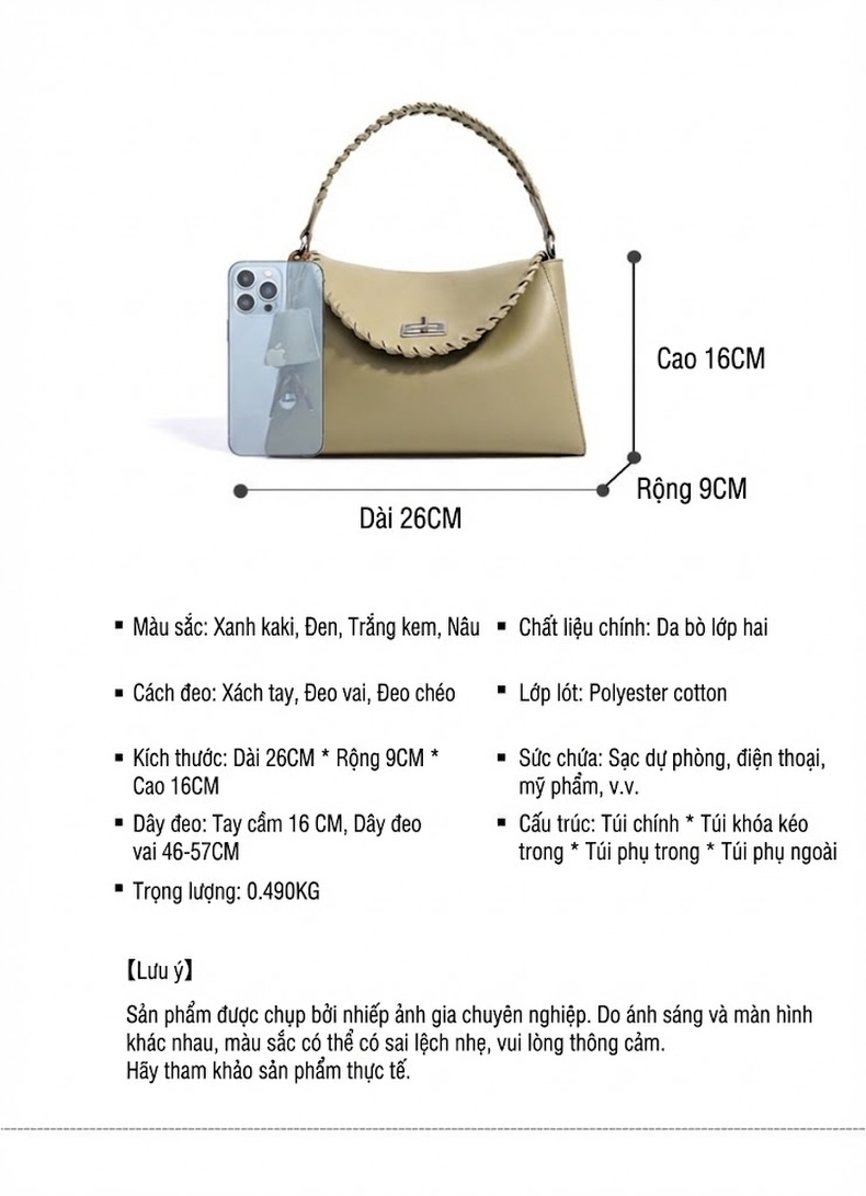 Túi Xách Tay/Đeo Vai Nữ Thiết Kế Pháp Đơn Giản Màu Be, Nâu, Đen chi tiết 8