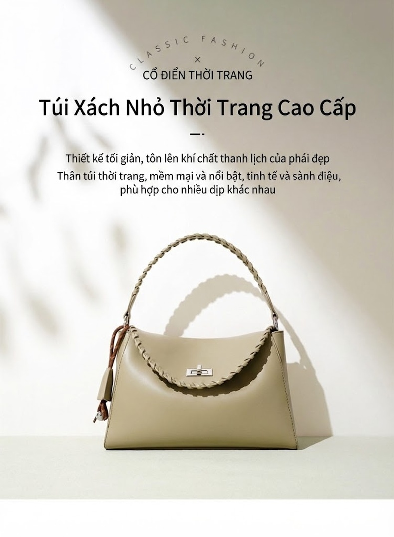 Túi Xách Tay/Đeo Vai Nữ Thiết Kế Pháp Đơn Giản Màu Be, Nâu, Đen chi tiết 2