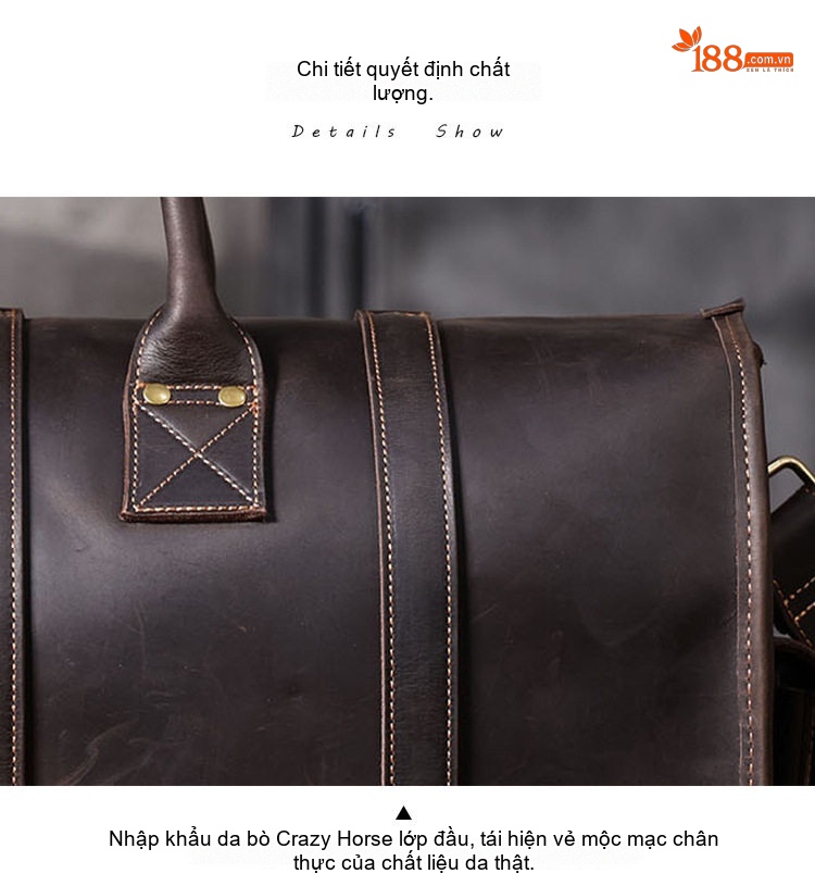 Túi Xách Tay Du Lịch Da Bò Lớn Phong Cách Cổ Điển Màu Nâu chi tiết 13