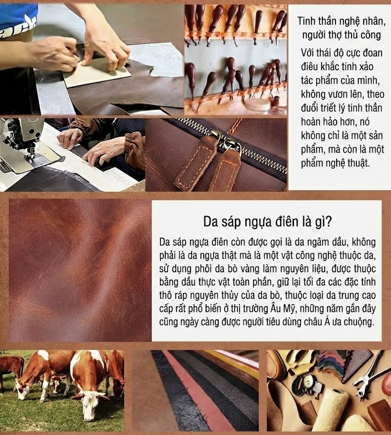 Túi Xách Tay Du Lịch Nam Da Bò Lớp Đầu Tiên Cỡ Lớn Đeo Chéo Màu Nâu chi tiết 12