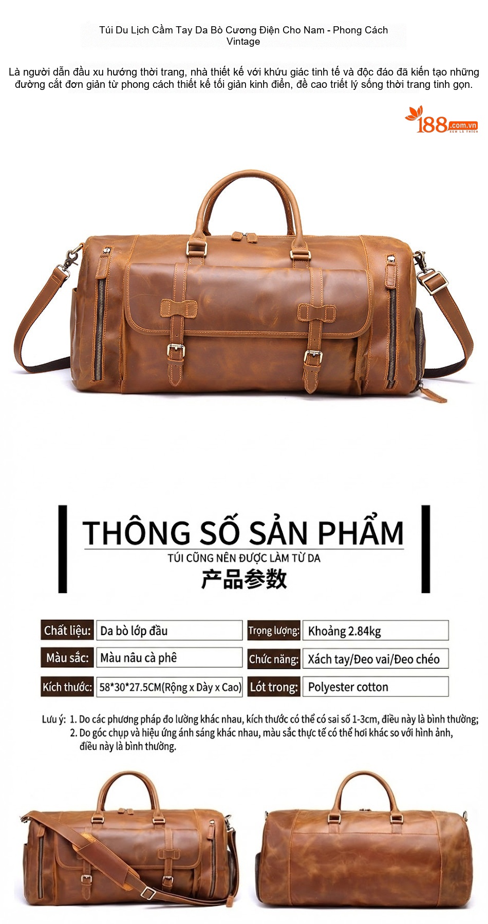 Túi Xách Tay Du Lịch Nam Da Bò Lớp Đầu Tiên Cỡ Lớn Đeo Chéo Màu Nâu chi tiết 1