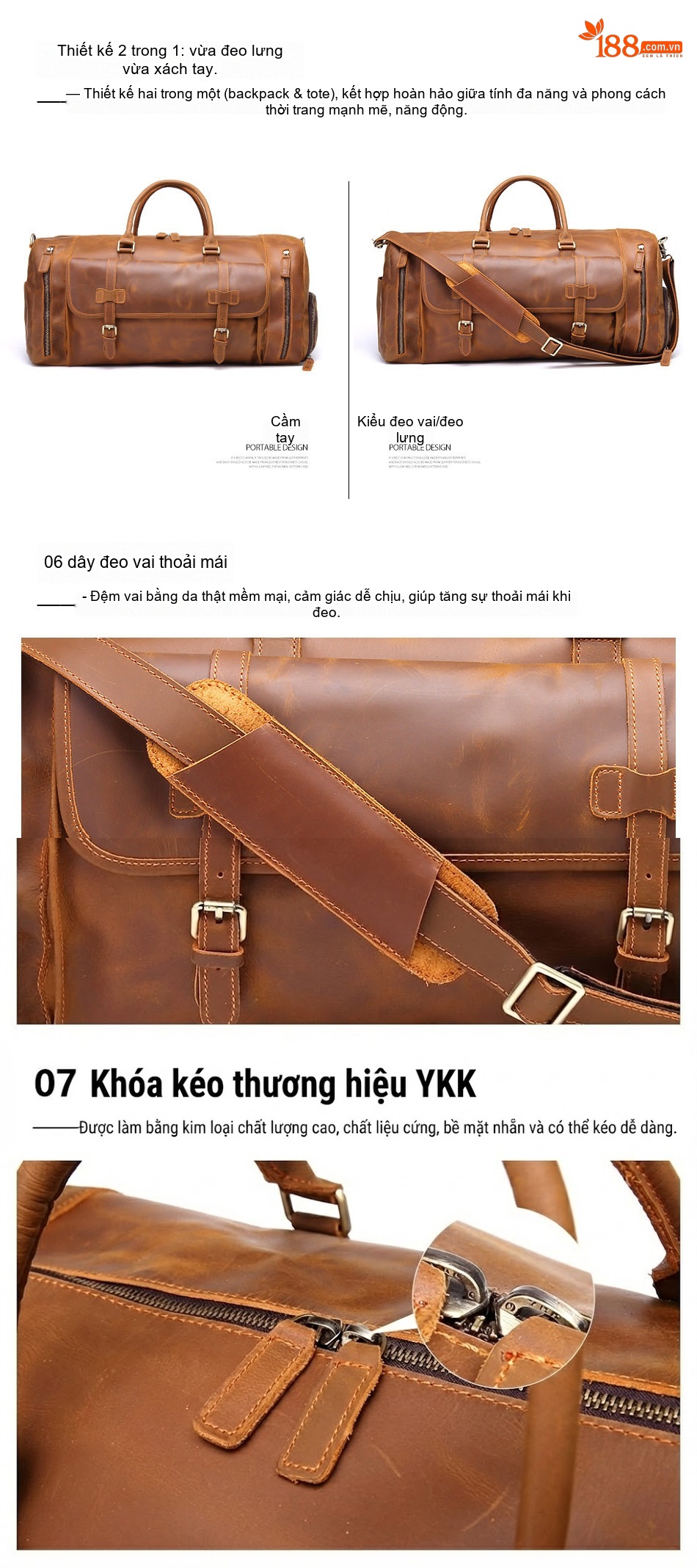 Túi Xách Tay Du Lịch Nam Da Bò Lớp Đầu Tiên Cỡ Lớn Đeo Chéo Màu Nâu chi tiết 4