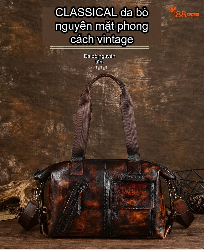 Túi Xách Tay Du Lịch Nam Da Bò Vintage Đeo Chéo Đa Năng Dung Tích Lớn Màu Nâu Đậm chi tiết 1