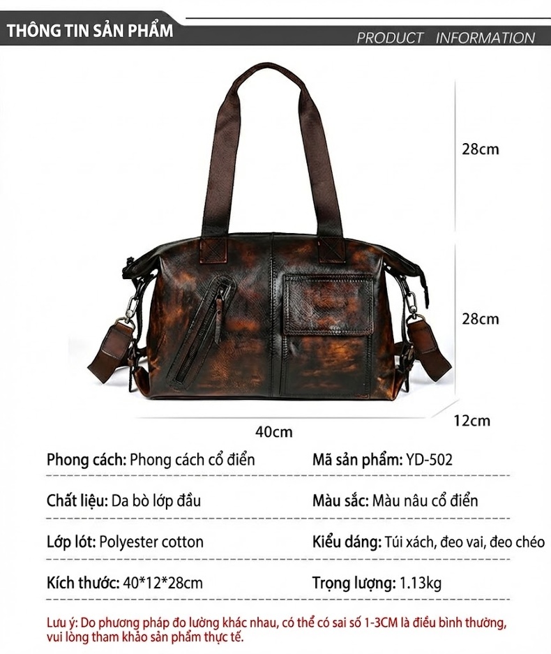 Túi Xách Tay Du Lịch Nam Da Bò Vintage Đeo Chéo Đa Năng Dung Tích Lớn Màu Nâu Đậm chi tiết 3