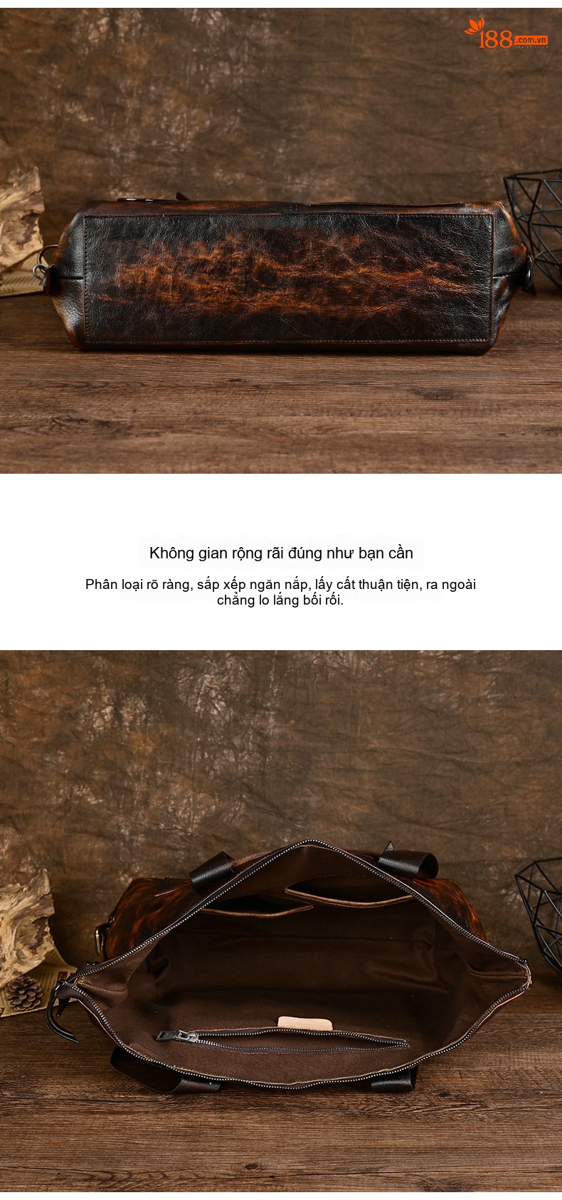 Túi Xách Tay Du Lịch Nam Da Bò Vintage Đeo Chéo Đa Năng Dung Tích Lớn Màu Nâu Đậm chi tiết 6