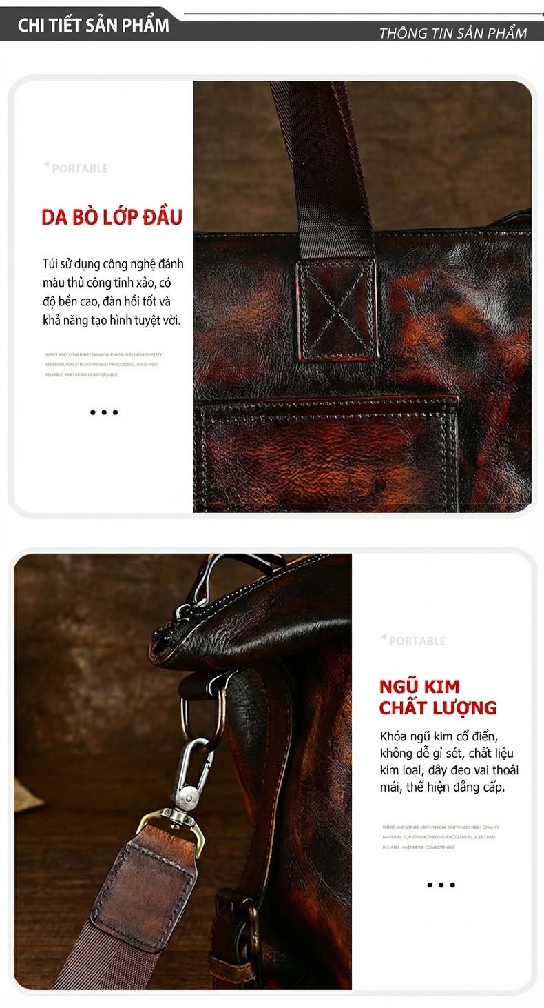 Túi Xách Tay Du Lịch Nam Da Bò Vintage Đeo Chéo Đa Năng Dung Tích Lớn Màu Nâu Đậm chi tiết 8