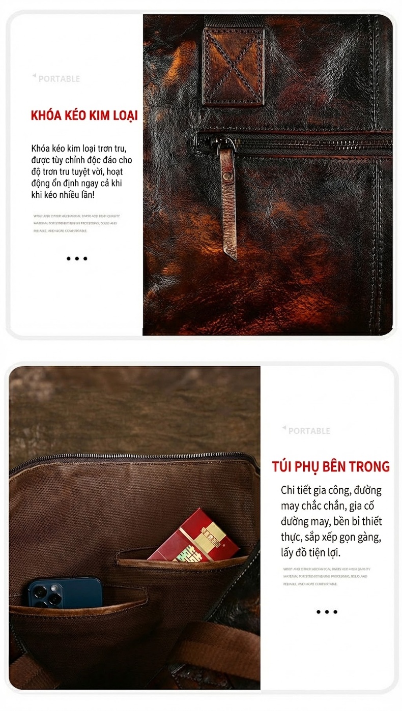 Túi Xách Tay Du Lịch Nam Da Bò Vintage Đeo Chéo Đa Năng Dung Tích Lớn Màu Nâu Đậm chi tiết 9