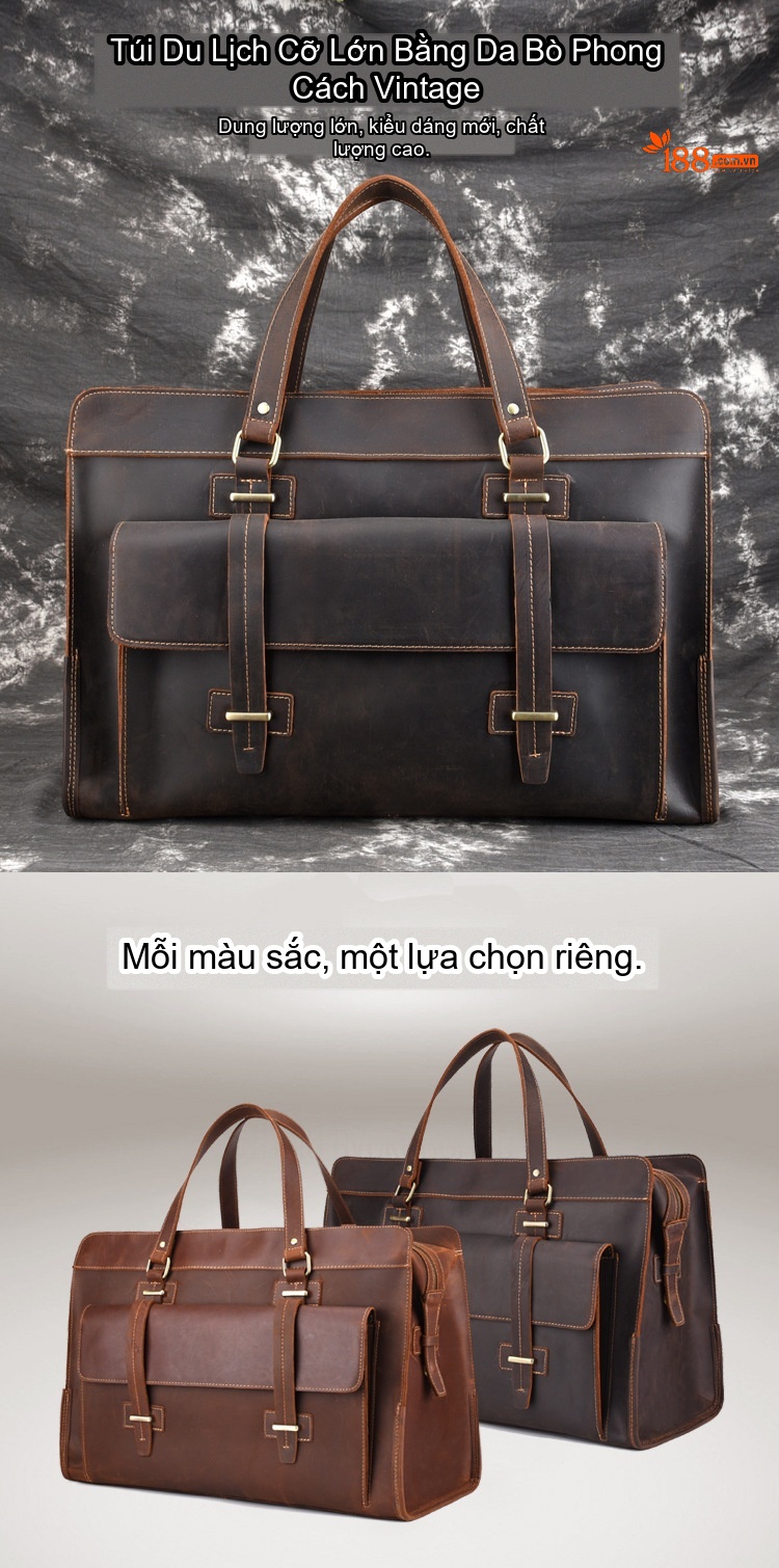 Túi Xách Tay Du Lịch Nam Da Thật Da Bò Lớn Đeo Vai Chéo Màu Nâu chi tiết 1