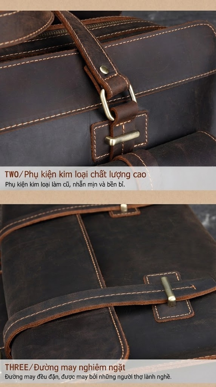 Túi Xách Tay Du Lịch Nam Da Thật Da Bò Lớn Đeo Vai Chéo Màu Nâu chi tiết 12