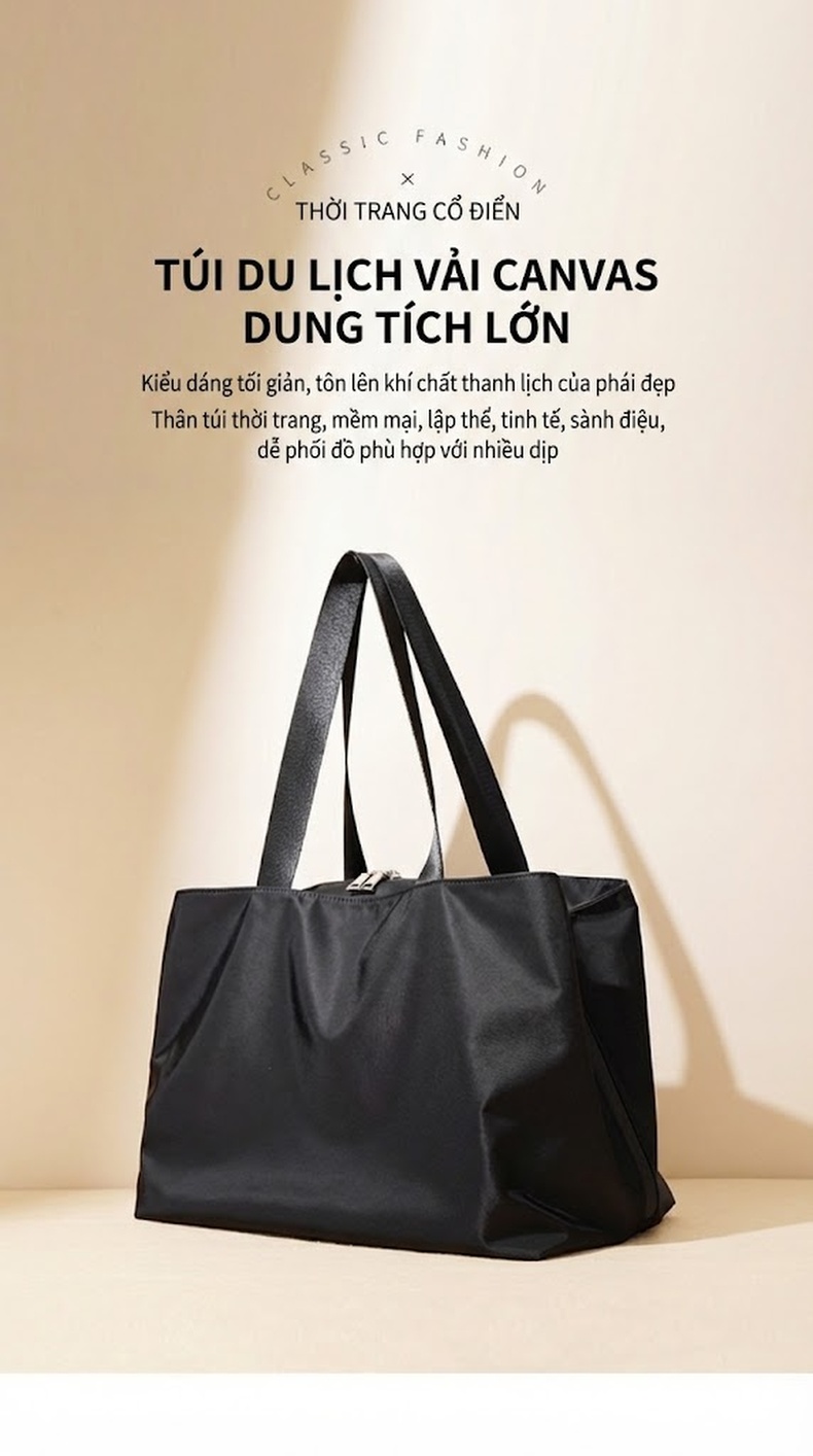 Túi Xách Tay Du Lịch Nam Nữ Đựng Đồ Lớn Vải Nylon Nhiều Ngăn Siêu Nhẹ Phong Cách Tối Giản Màu Đen chi tiết 1