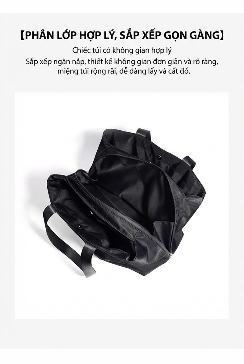 Túi Xách Tay Du Lịch Nam Nữ Đựng Đồ Lớn Vải Nylon Nhiều Ngăn Siêu Nhẹ Phong Cách Tối Giản Màu Đen chi tiết 5