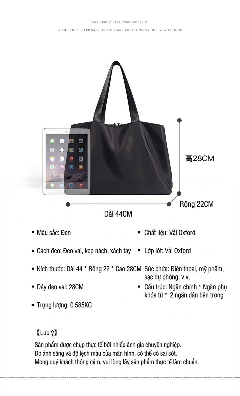 Túi Xách Tay Du Lịch Nylon Đa Năng Lớn Có Ngăn Phong Cách Tối Giản Màu Đen chi tiết 4