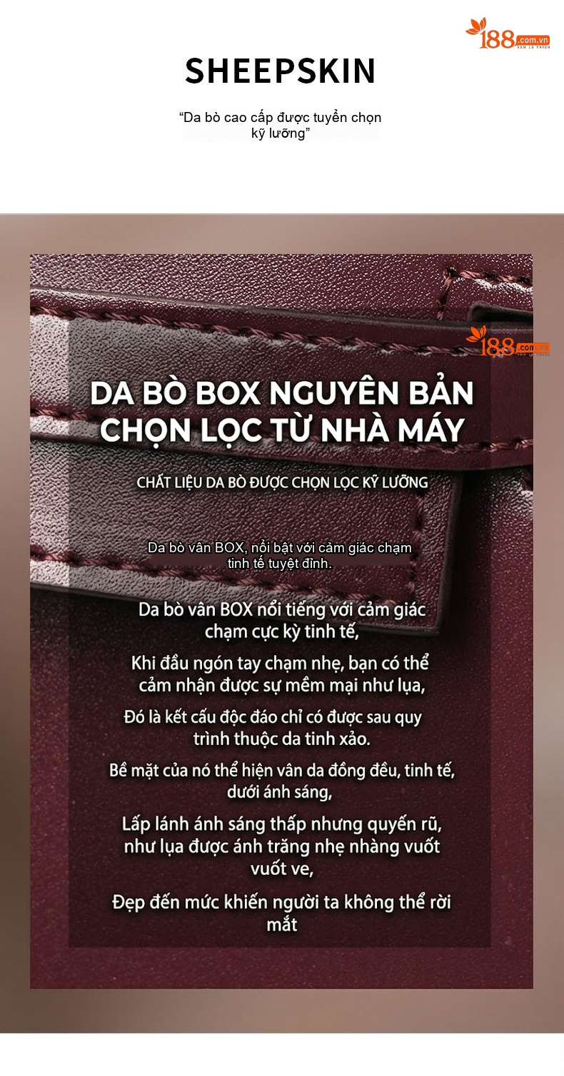 Túi Xách Tay Mini Nữ Da Bò Vân BOX Cao Cấp Màu Đỏ Rượu, Xanh Lá, Xanh Dương, Hồng chi tiết 14