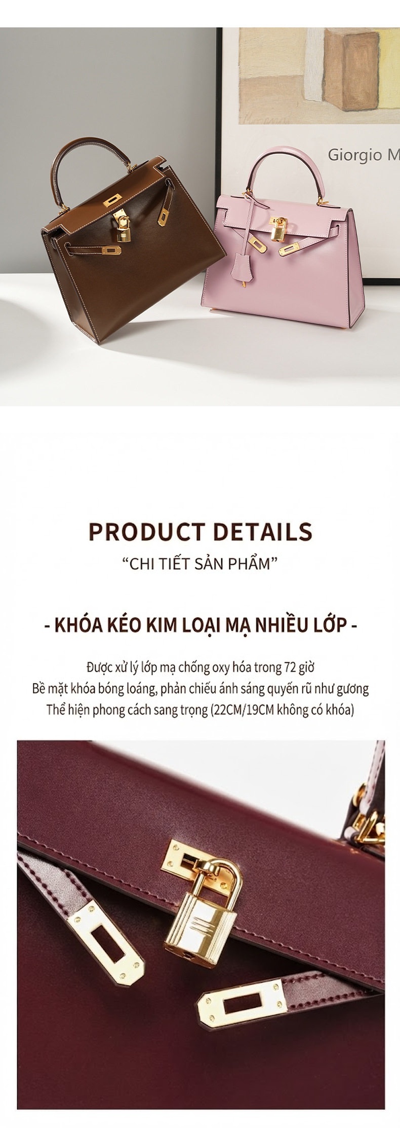 Túi Xách Tay Mini Nữ Da Bò Vân BOX Cao Cấp Màu Đỏ Rượu, Xanh Lá, Xanh Dương, Hồng chi tiết 22