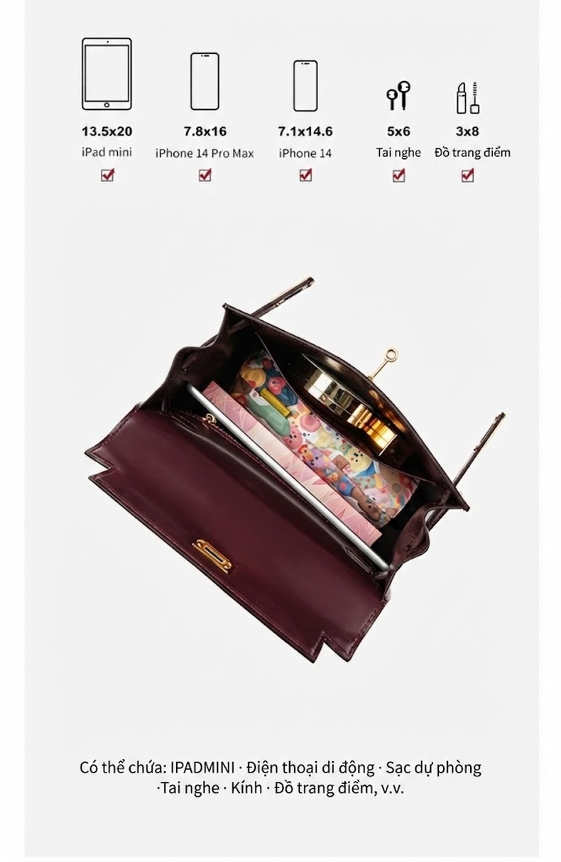 Túi Xách Tay Mini Nữ Da Bò Vân BOX Cao Cấp Màu Đỏ Rượu, Xanh Lá, Xanh Dương, Hồng chi tiết 8
