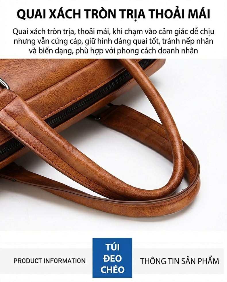 Túi Xách Tay Nam Công Sở Da Bóng Dáng Ngang Có Dây Đeo Màu Nâu, Đen chi tiết 8