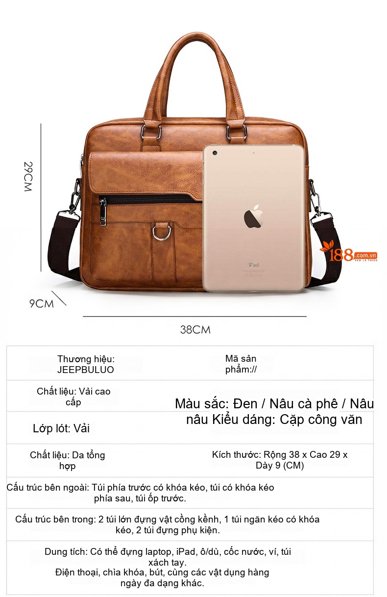 Túi Xách Tay Nam Công Sở Da Bóng Dáng Ngang Có Dây Đeo Màu Nâu, Đen chi tiết 9