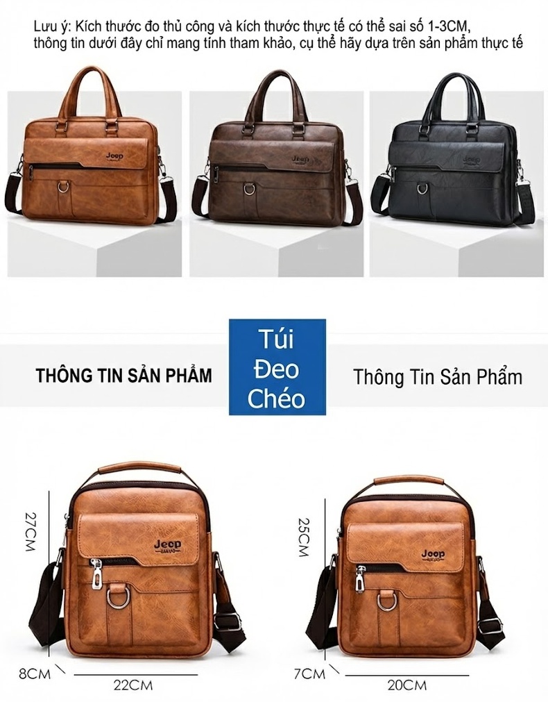 Túi Xách Tay Nam Công Sở Da Bóng Dáng Ngang Có Dây Đeo Màu Nâu, Đen chi tiết 10