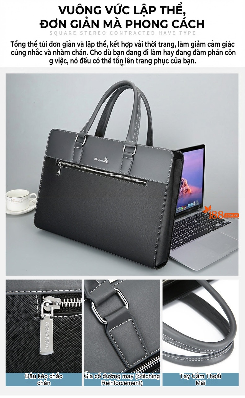 Túi Xách Tay Nam Công Sở Da Bóng Đựng Laptop Có Dây Đeo Chéo Màu Đen, Xám chi tiết 3