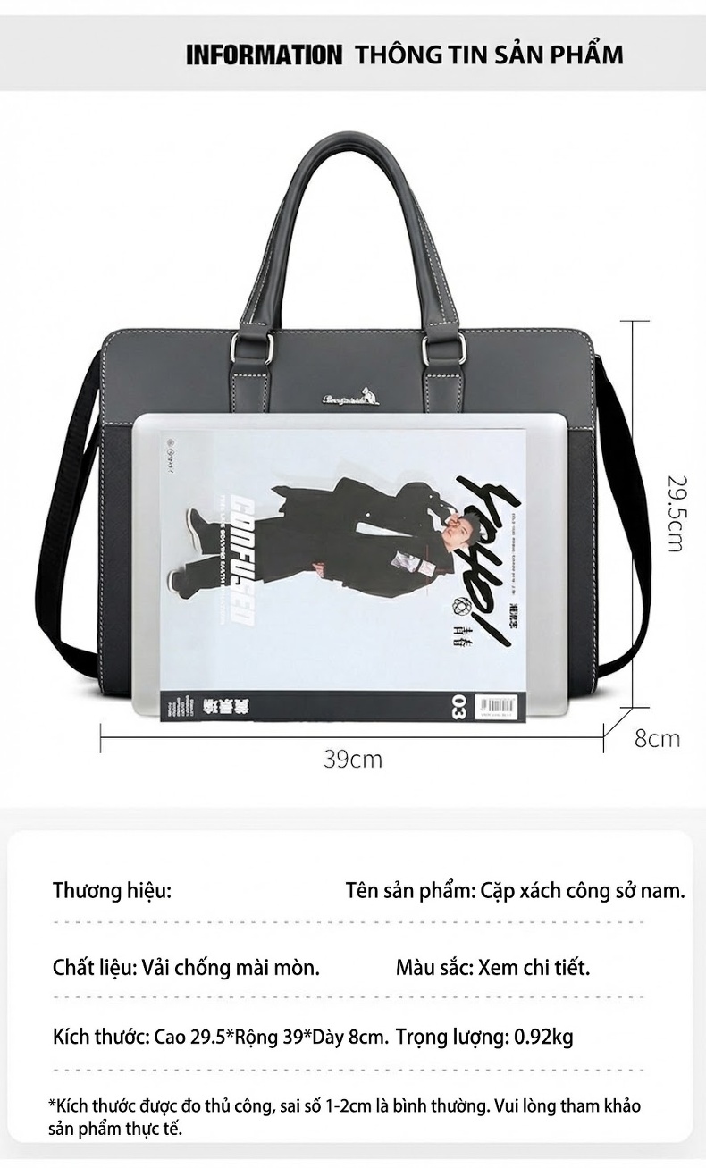 Túi Xách Tay Nam Công Sở Da Bóng Đựng Laptop Có Dây Đeo Chéo Màu Đen, Xám chi tiết 10