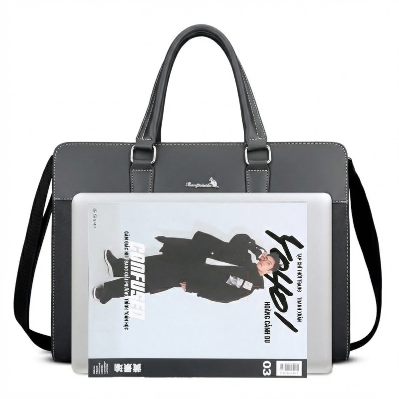 Túi Xách Tay Nam Công Sở Da Bóng Đựng Laptop Có Dây Đeo Chéo Màu Đen, Xám