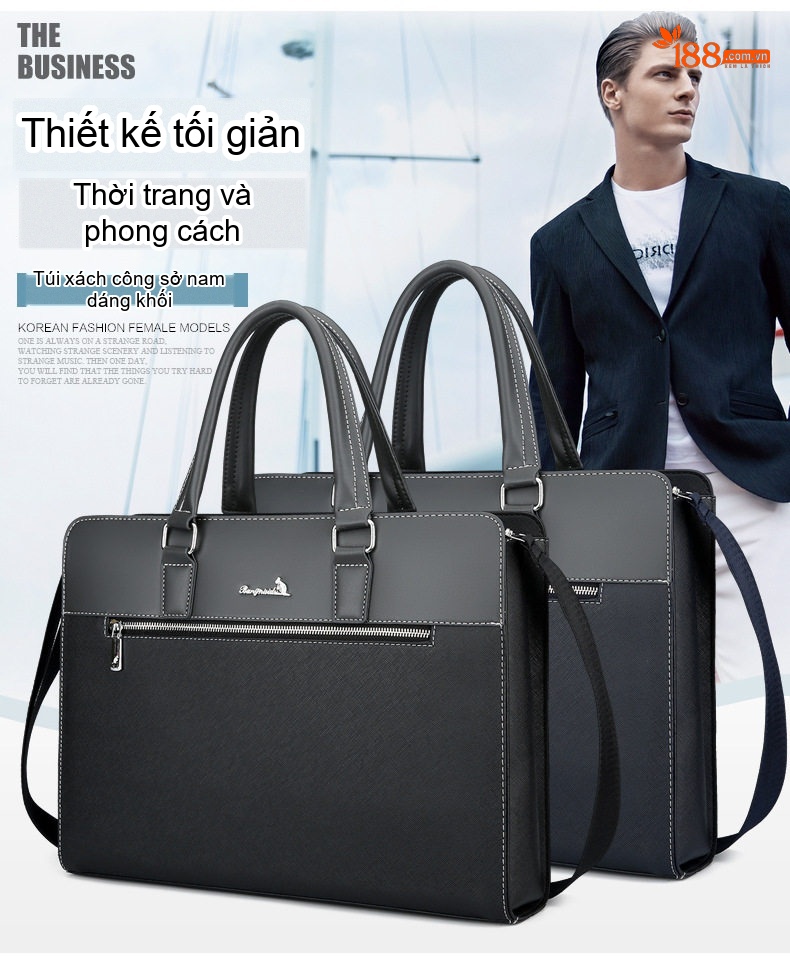 Túi Xách Tay Nam Công Sở Da Bóng Đựng Laptop Có Dây Đeo Chéo Màu Đen, Xám chi tiết 2