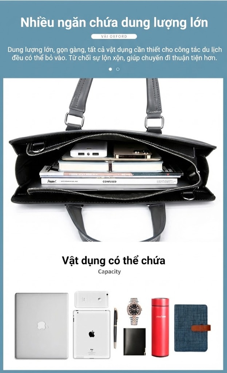 Túi Xách Tay Nam Công Sở Da Bóng Đựng Laptop Có Dây Đeo Chéo Màu Đen, Xám chi tiết 5