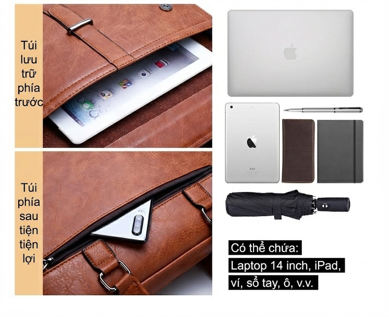 Túi Xách Tay Nam Công Sở Da Bóng Đựng Laptop Màu Nâu, Đen chi tiết 9
