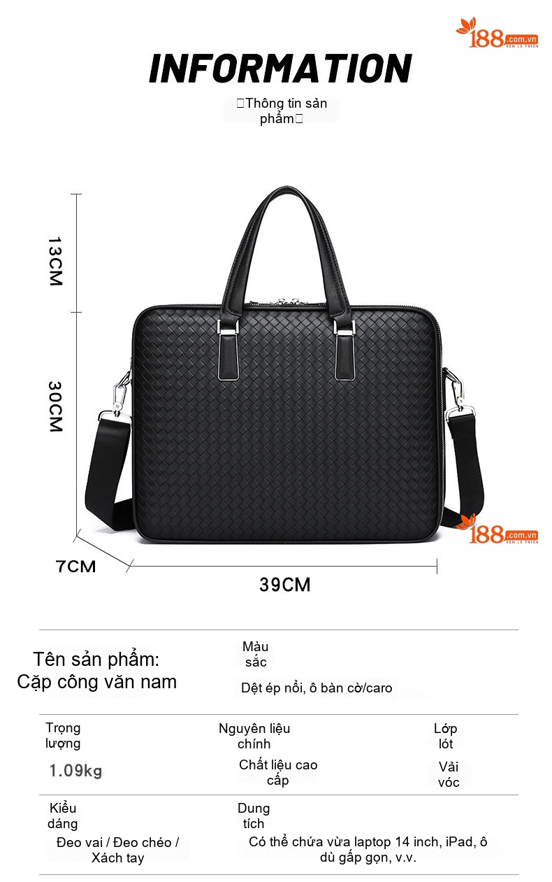 Túi Xách Tay Nam Công Sở Da Thật Đựng Laptop Chống Sốc Có Dây Đeo Chéo Màu Đen chi tiết 5