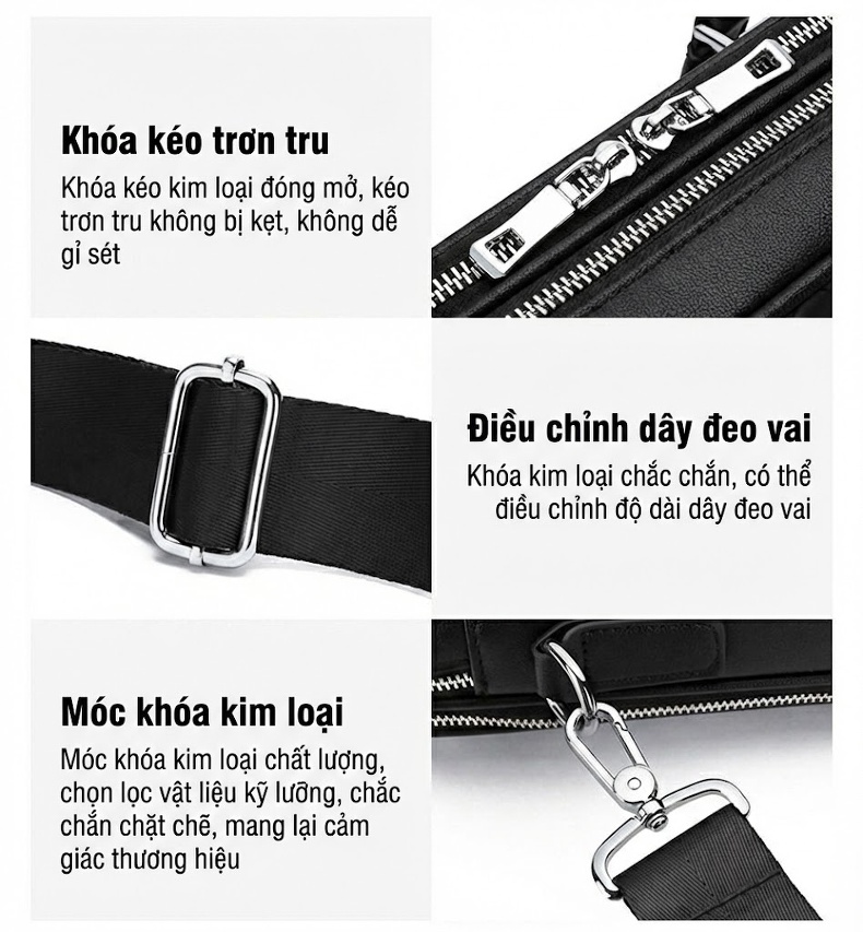 Túi Xách Tay Nam Công Sở Da Thật Đựng Laptop Chống Sốc Có Dây Đeo Chéo Màu Đen chi tiết 4